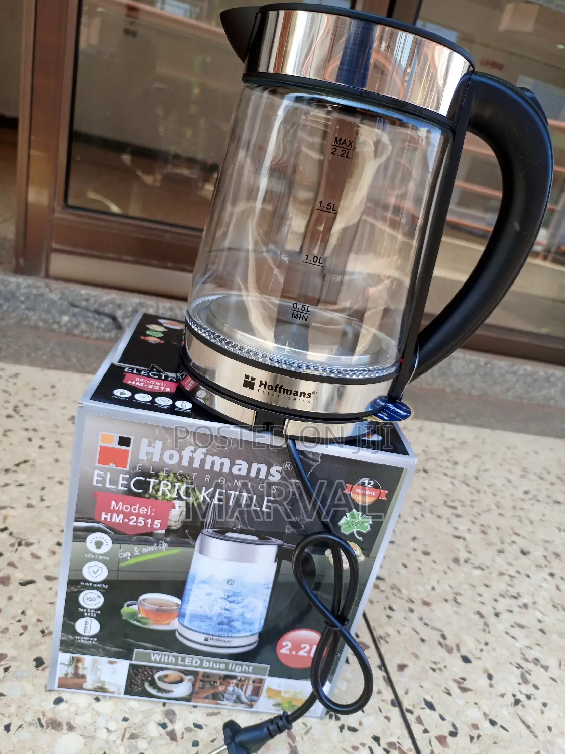 Hoffmans 2.2L Glass Electric Kettle With Blue LED