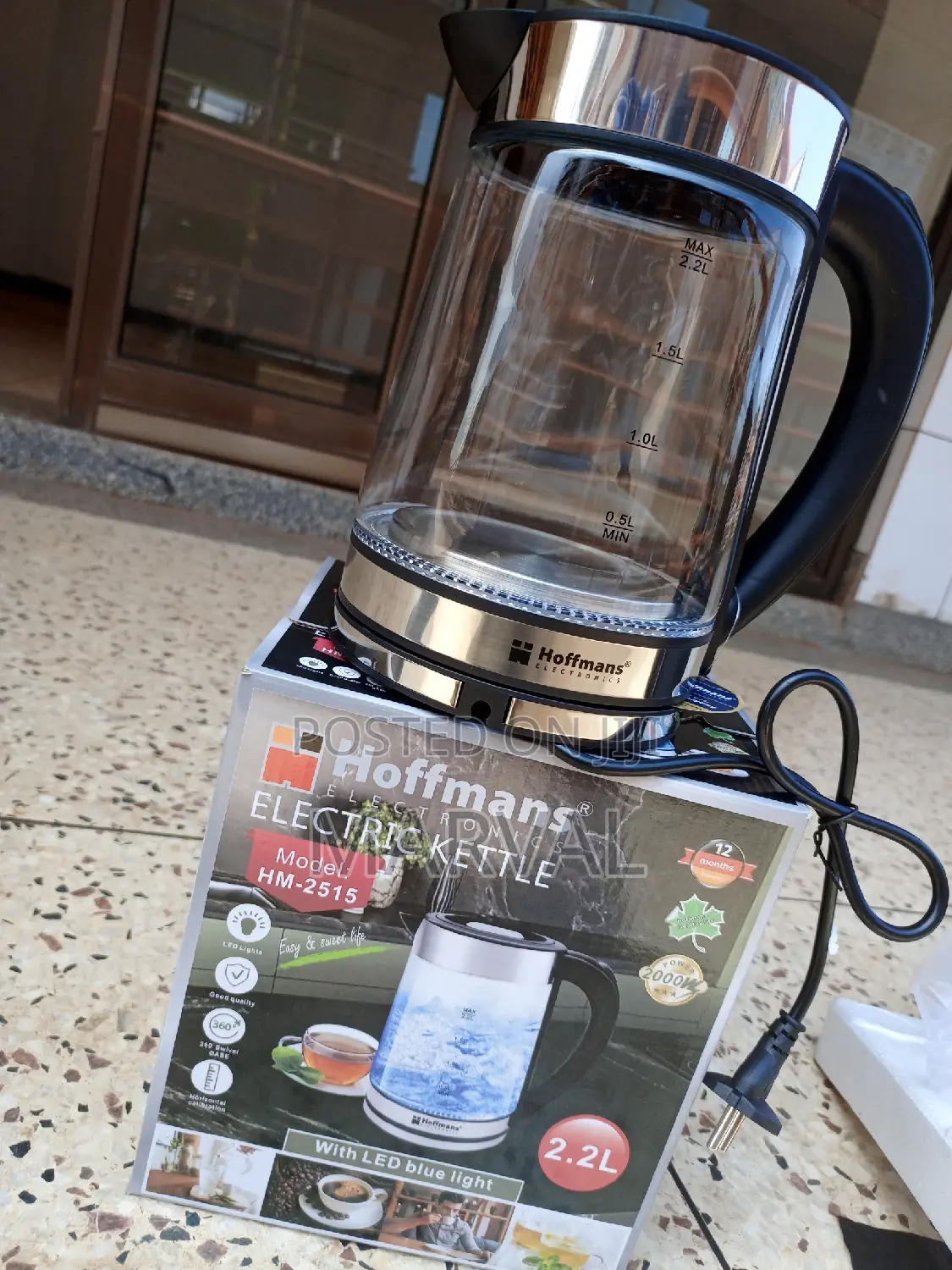 Hoffmans 2.2L Glass Electric Kettle With Blue LED