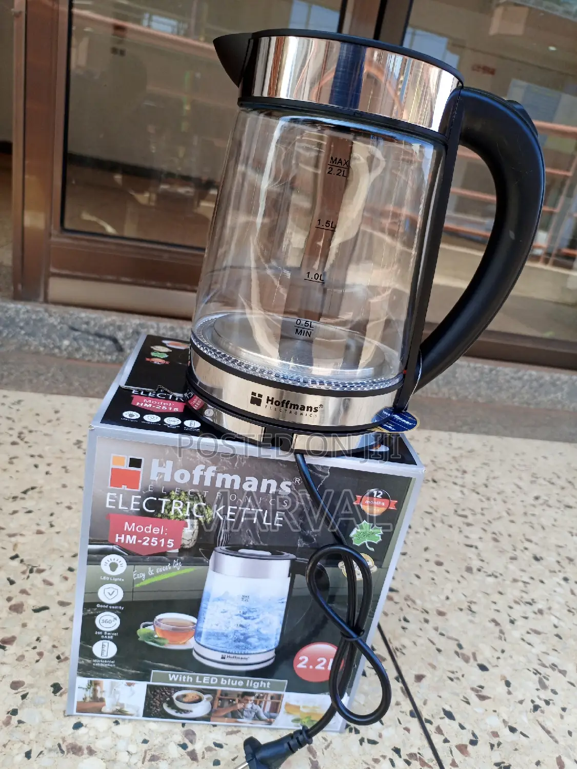 Hoffmans 2.2L Glass Electric Kettle With Blue LED