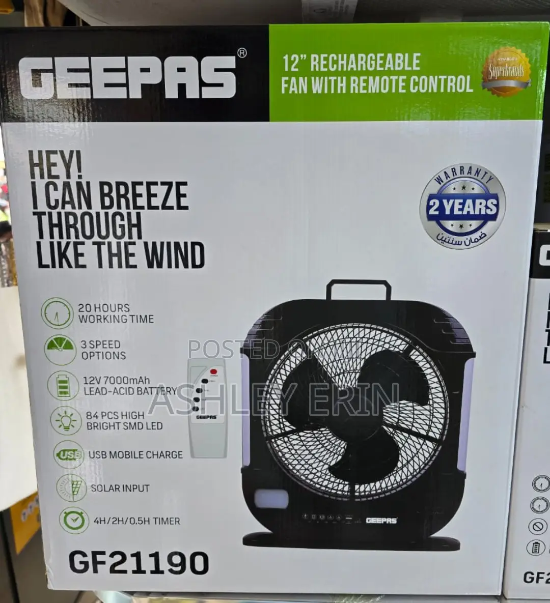 Geepas 12" Rechargeable Fan With Remote