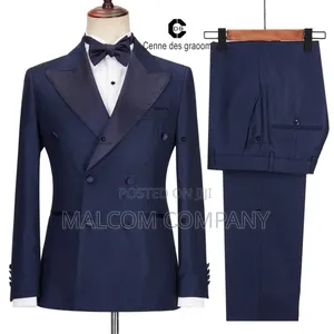 Men Tuxedo Double Breast Dark Navy Blue Suit.