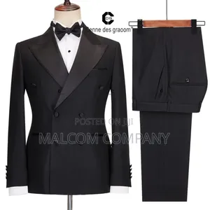 Men Tuxedo Double Breast Dark Gray Suit.