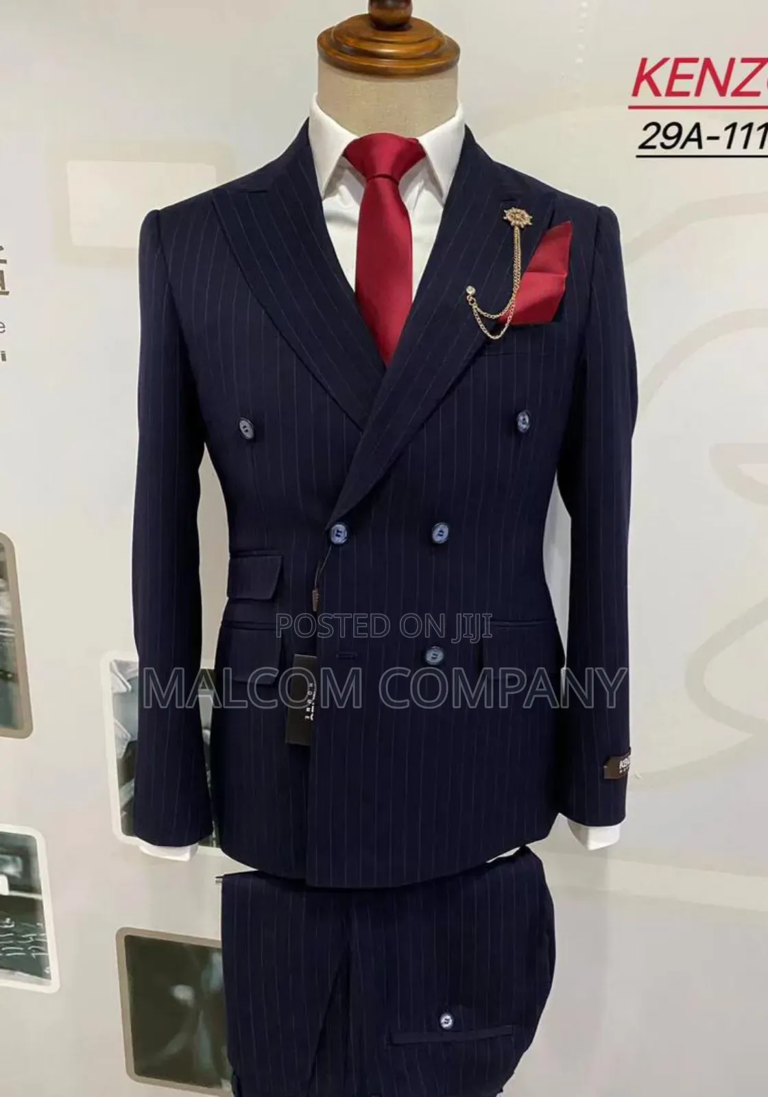 Stripped Double Breast Blue Men Suit