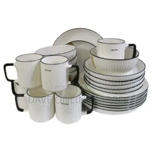 24pcs of Black Line Design Plates Bowls Cups Dinner Set -