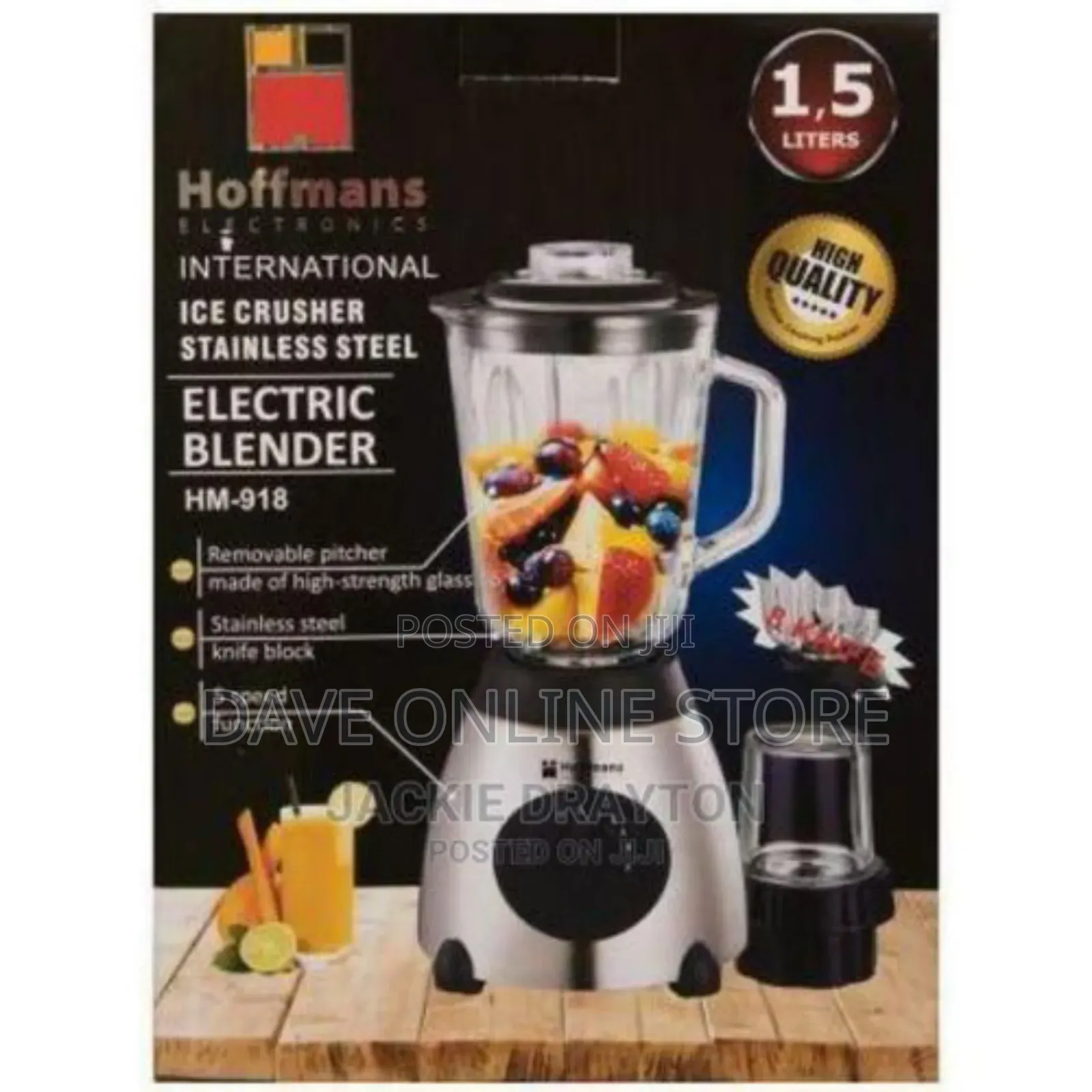 Hoffmans 1.5L Juice Blender 2 in 1 Glass With Mill Grater