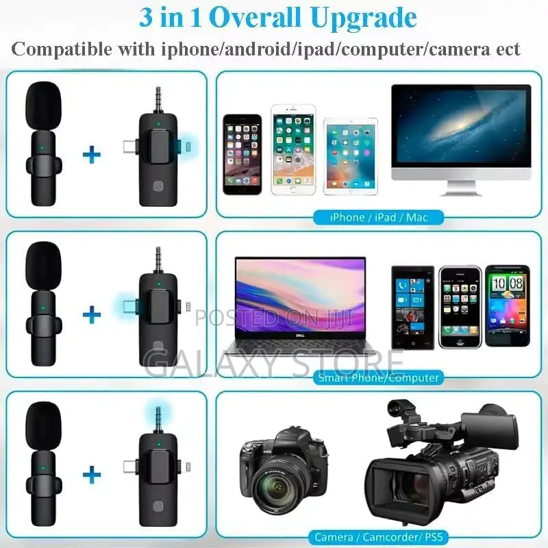 3in1 Microphone Wireless Lavalier Dual Mic for iPhone, Android, Camera