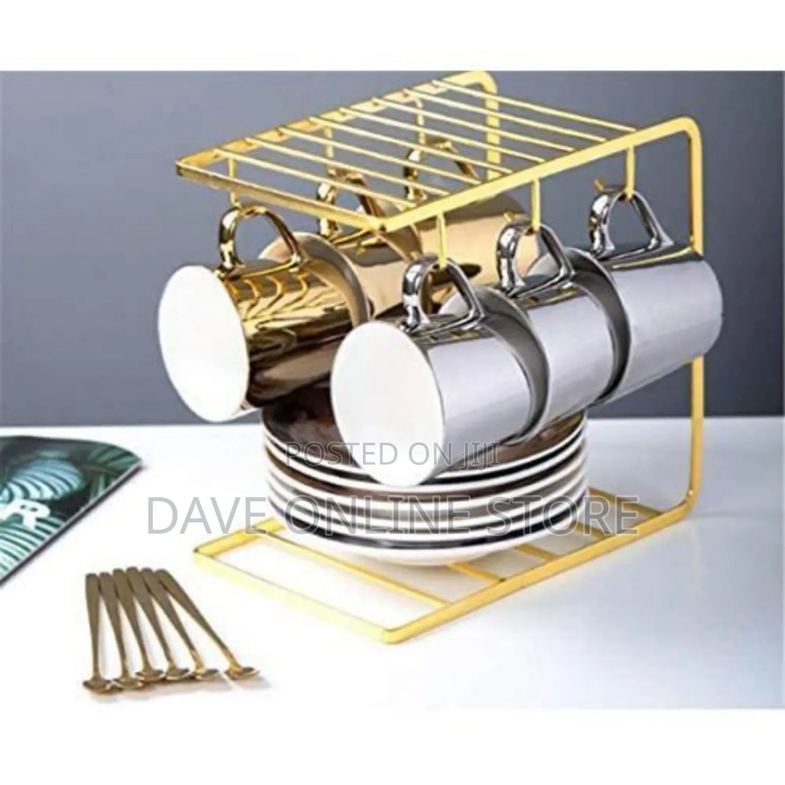 6 Tea Coffee Cups and Saucer Stand Rack Organizer Set- Gold.