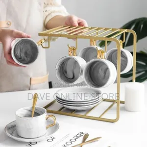 6 Tea Coffee Cups and Saucer Stand Rack Organizer Set- Gold.