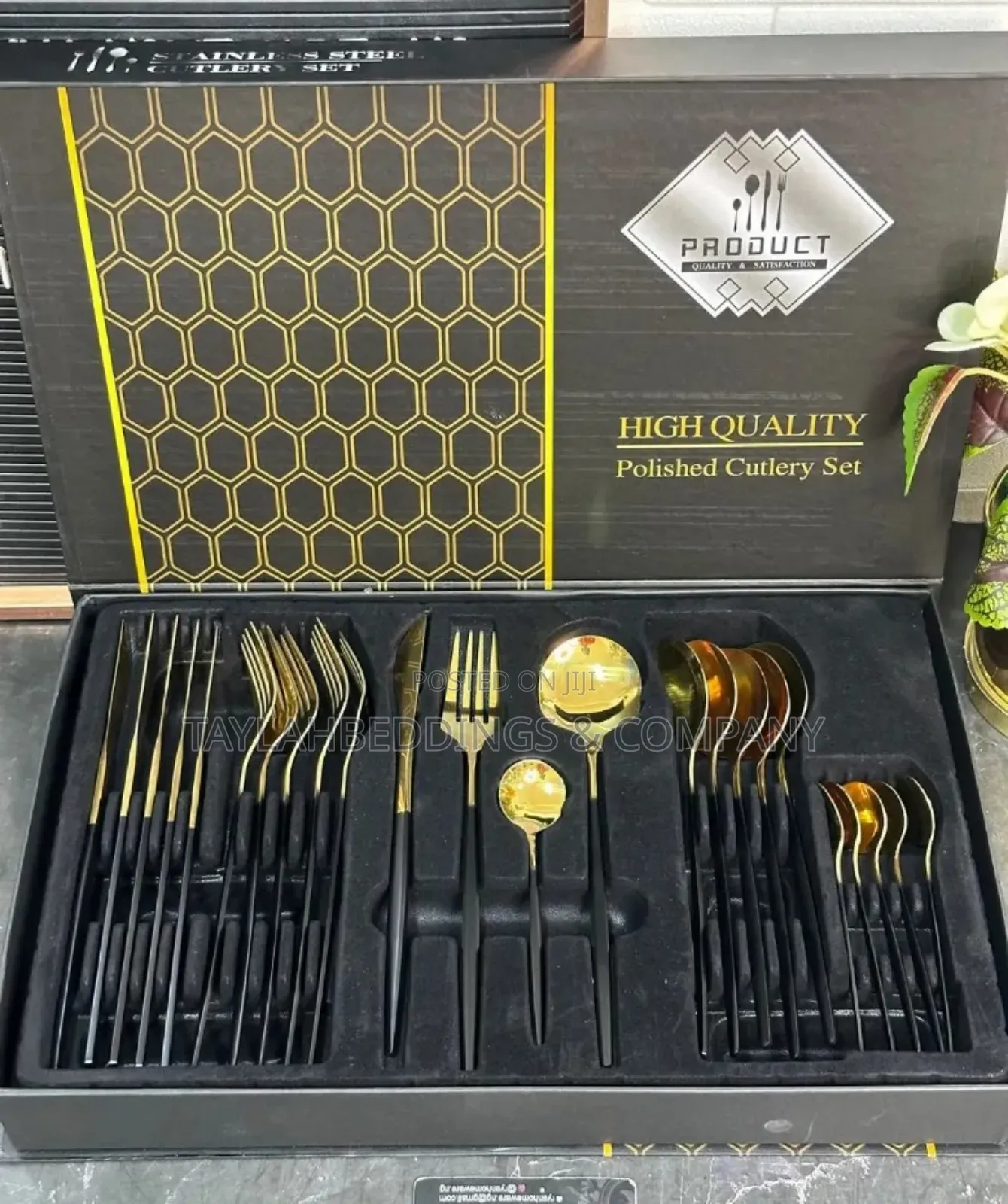 Gold Silverware Set With Box, 24-Piece Stainless Steel Gold