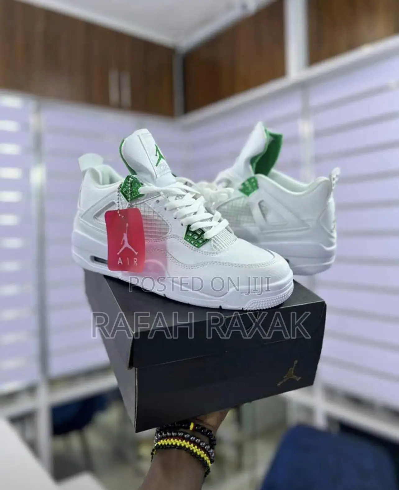 Original Air Jordan 4 Retro White Metallic Green Sneakers