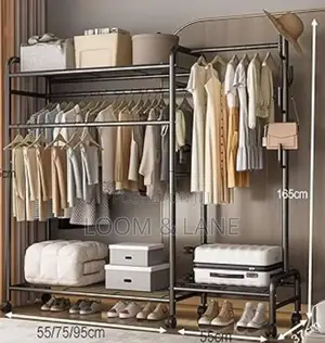Clothes Rack With Double Metal Coat Rack With 4 Tier Shelves
