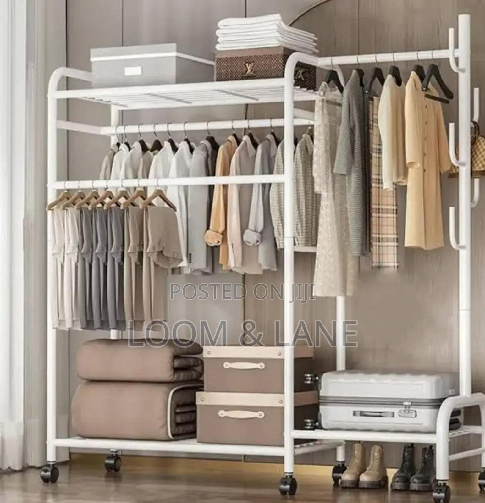 Clothes Rack With Double Metal Coat Rack With 4 Tier Shelves