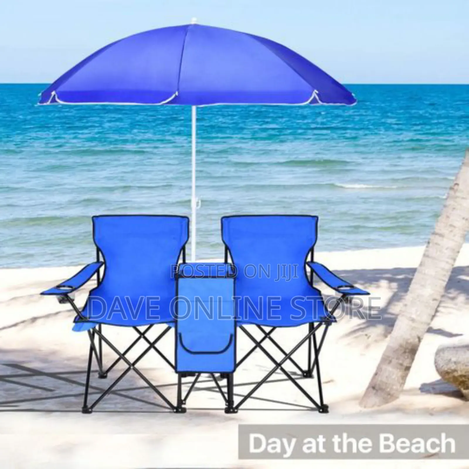 Double Folding Beach Chair With Umbrella Table Cooler Bag,