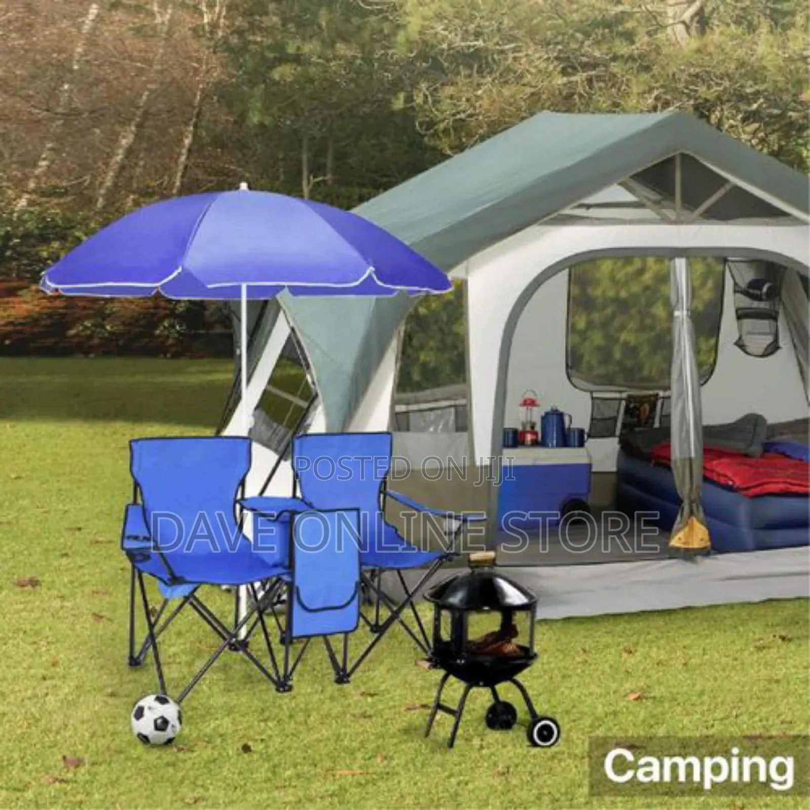 Double Folding Beach Chair With Umbrella Table Cooler Bag,