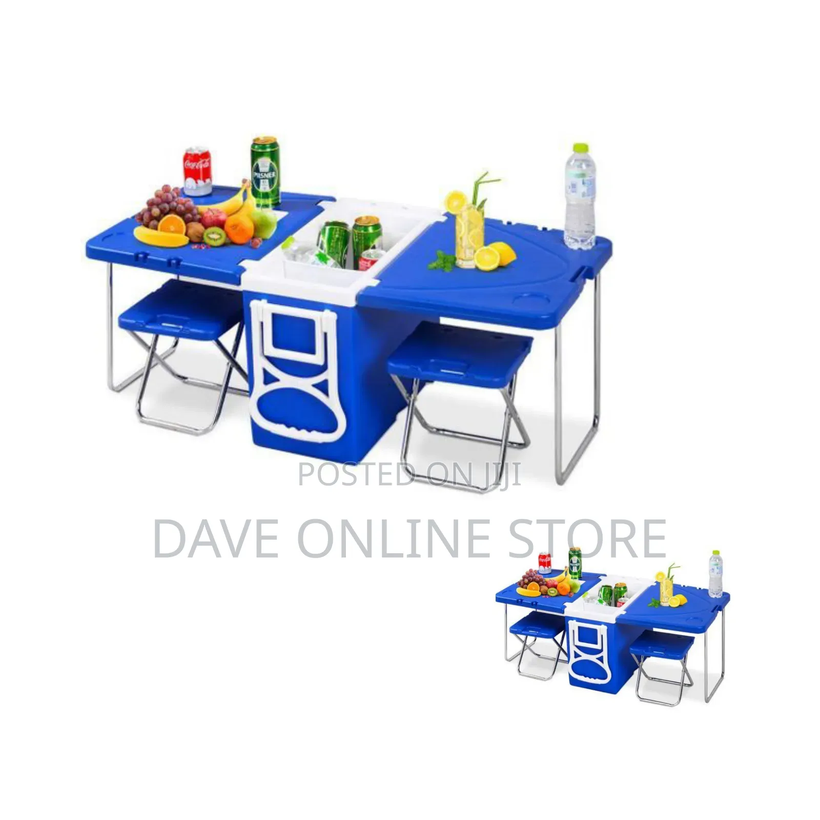 Picnic/Camping Cooler Box, Table 2 Chairs - Blue.