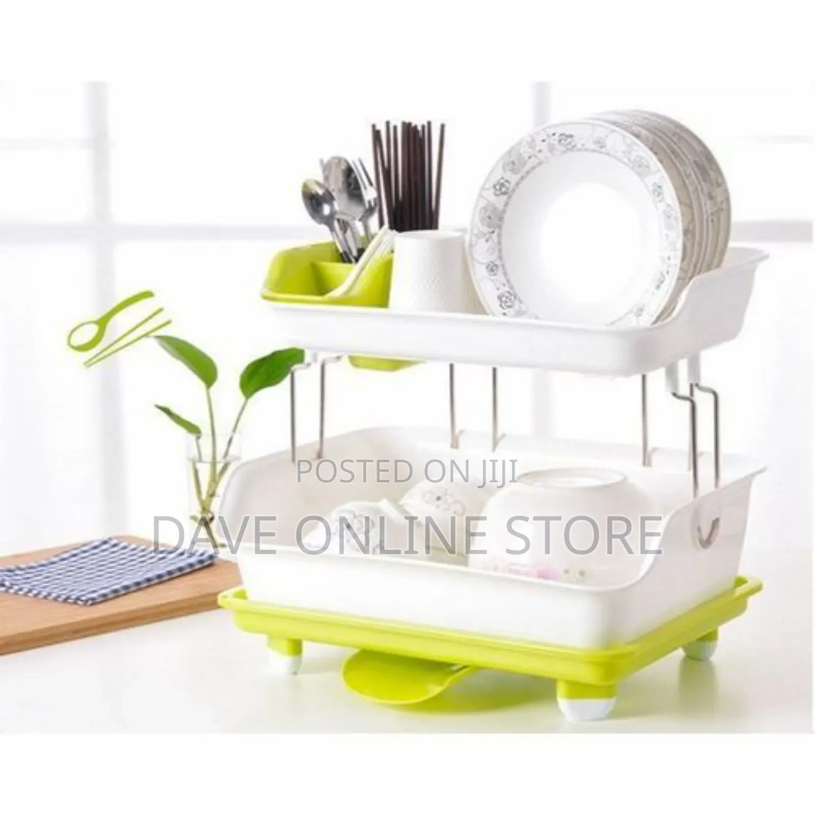 2 Layer Plastic Dish Drying Draining Rack Storage Tray Green