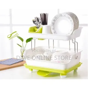 2 Layer Plastic Dish Drying Draining Rack Storage Tray Green
