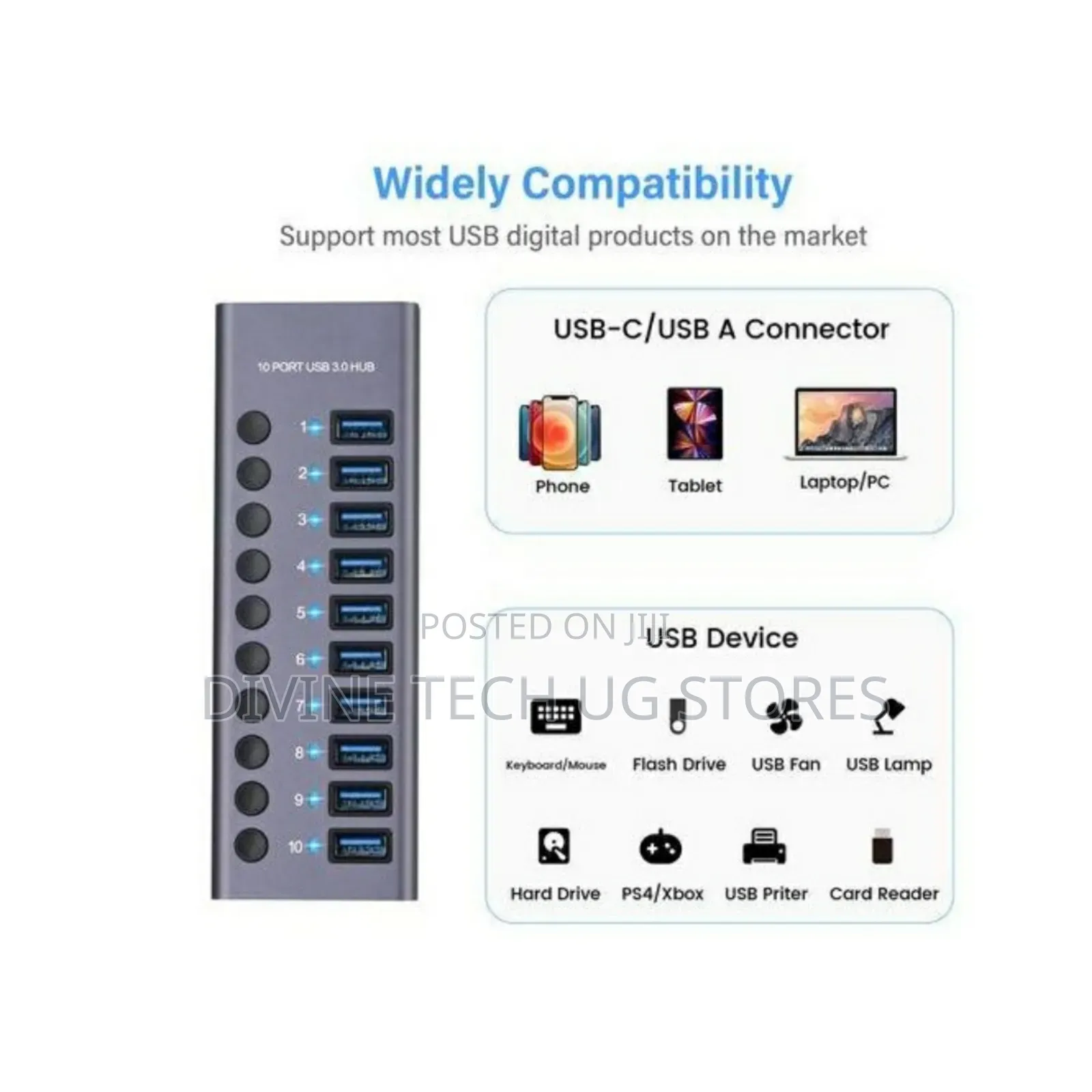 USB 3.0 Powered Station USB 10 Port Hub-With Power Adapter