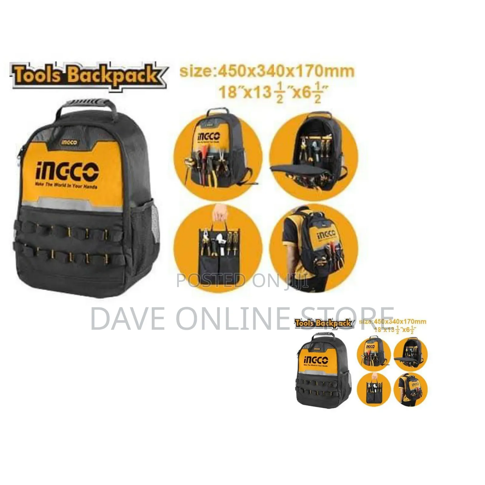 INGCO Tools Backpack 8kg Max Load - Grey / Orange