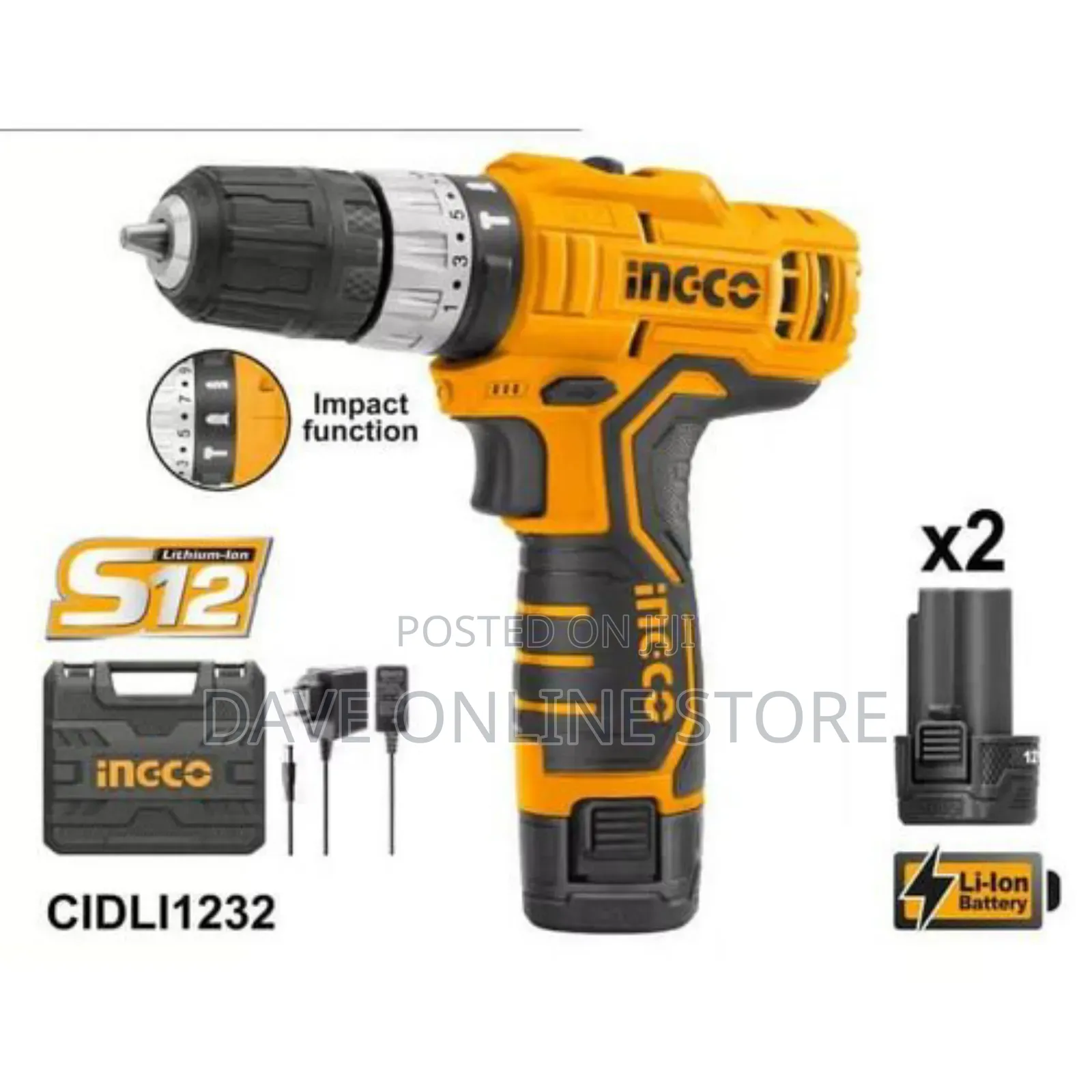 INGCO Cordless Drill CIDLI1232E, 12V, 20NM + 2x Battery