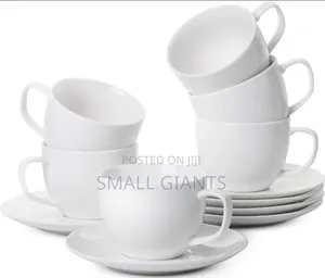 Set of Elegant Fine White Porcelain 6 Tea Cups and 6 Saucers