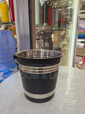 Black and Silver Stainless Ice Bucket With a Handle