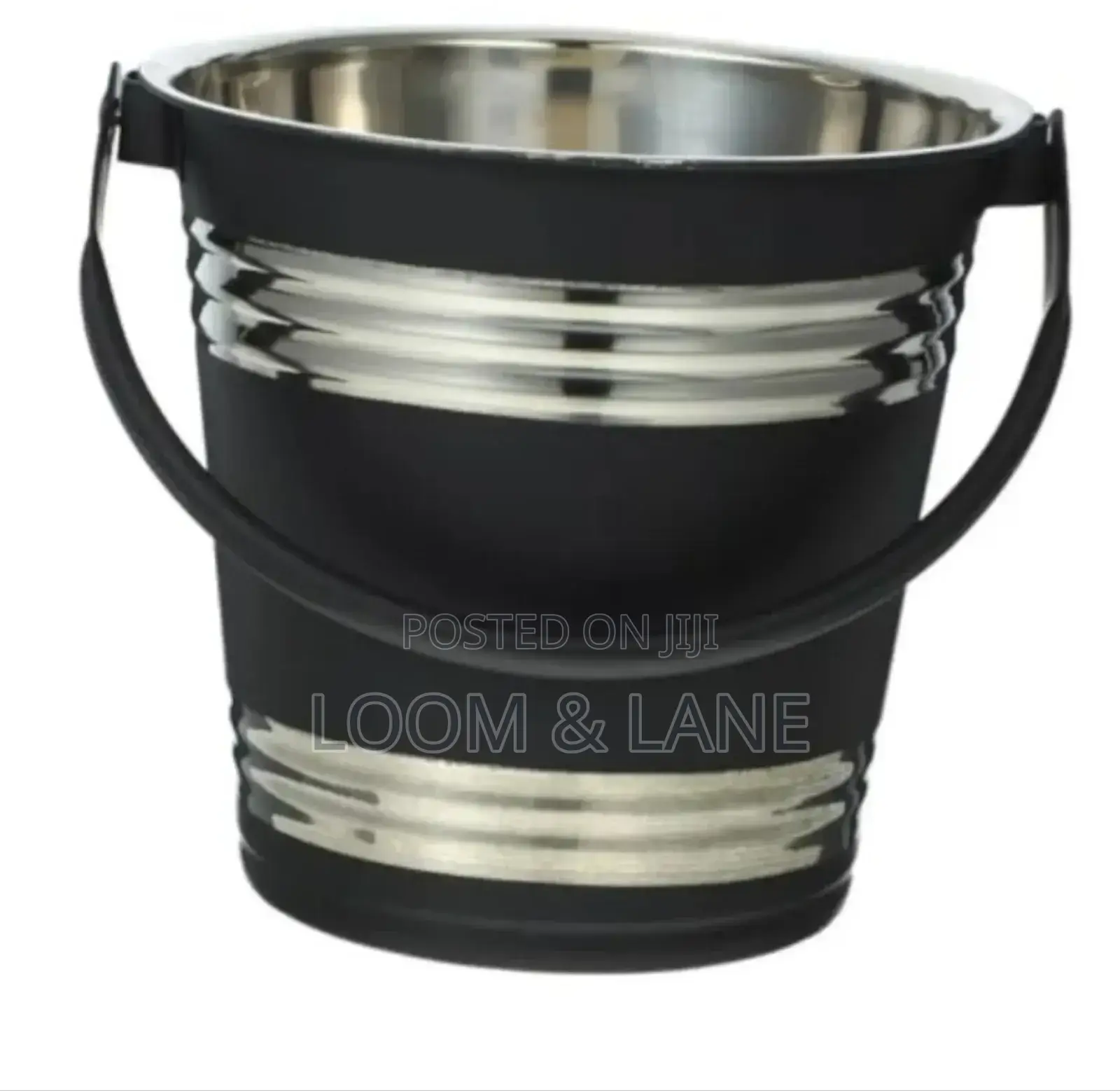 Black and Silver Stainless Ice Bucket With a Handle