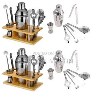 Cocktail Shaker Bottle Set With Wooden Base