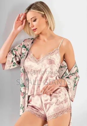 3-Piece Floral Print Satin and Lace Pajama Set