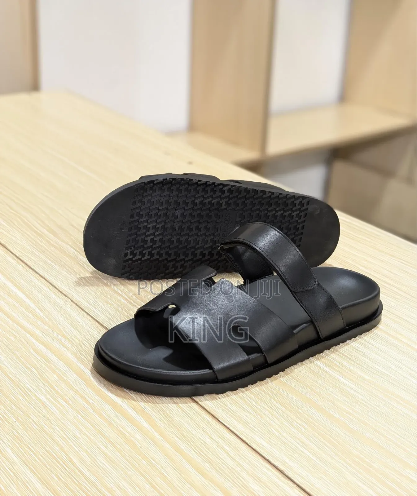 Hermes Black Leather Chypre Sandals