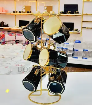 6pcs Black and Gold Line Cups With Stand