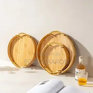 3pcs Round Bsmboo Tray Set With Gold Handles