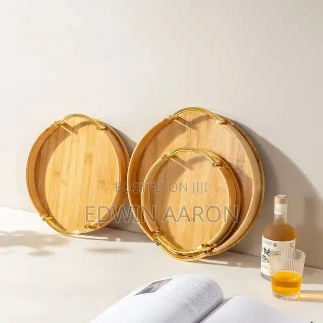 3pcs Round Bsmboo Tray Set With Gold Handles