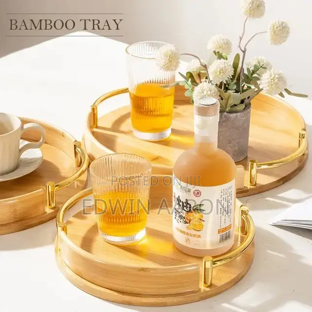 3pcs Round Bsmboo Tray Set With Gold Handles