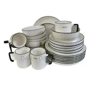 24pcs of Black Line Plates Bowls Cups Dinner Set - Cream