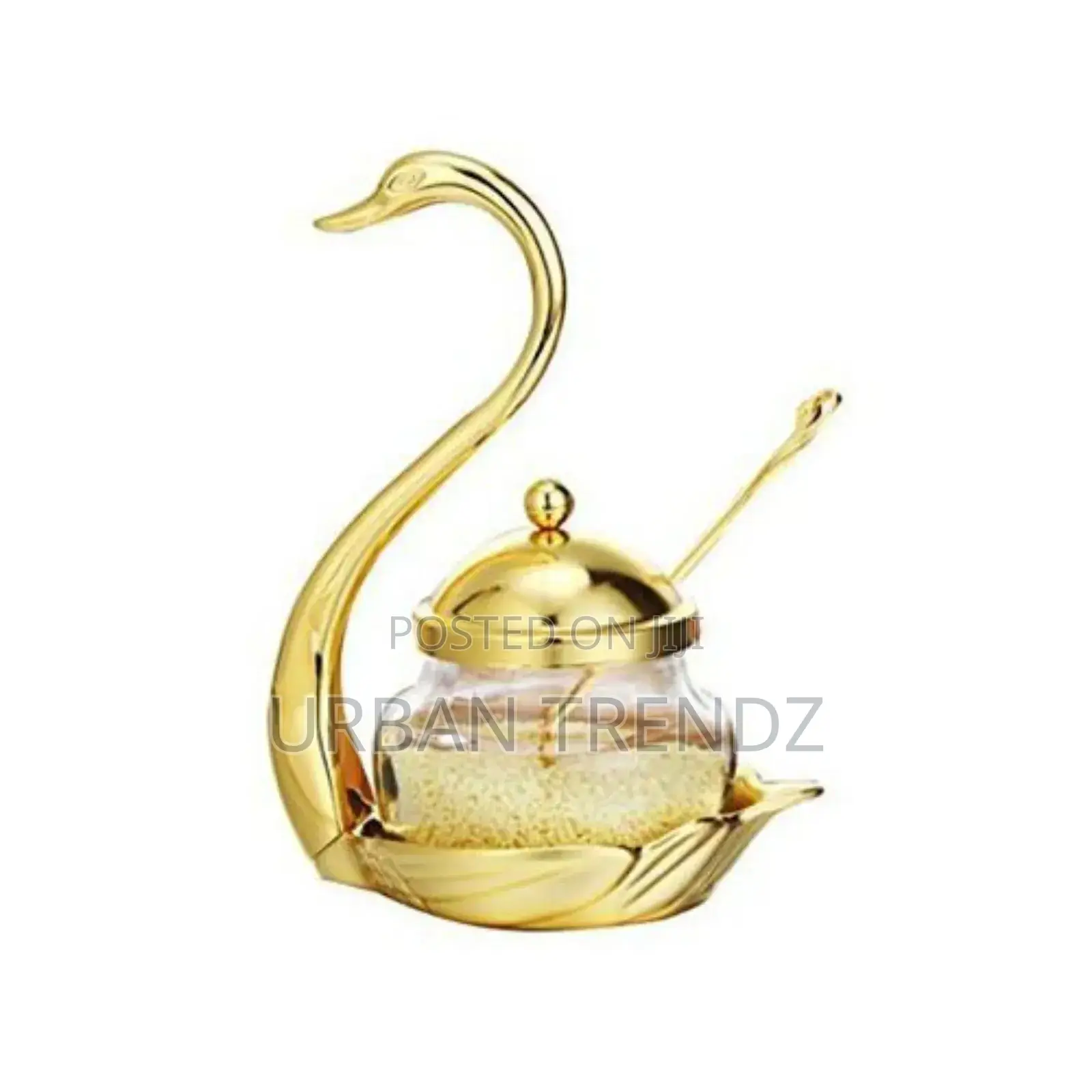 Swan Sugar Bowl /Salt Glass Jar With Serving Spoon - Gold