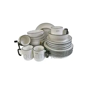 24pcs of Black Line Design Plates Bowls Cups Dinner Set