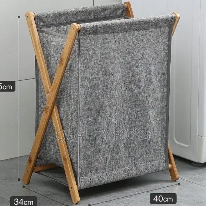 Foldable Laundry Basket Bag With Wooden Stand Storage Bin