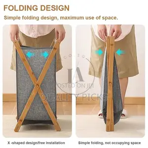 Foldable Laundry Basket Bag With Wooden Stand Storage Bin