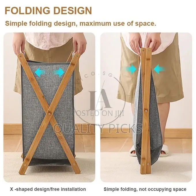 Foldable Laundry Basket Bag With Wooden Stand Storage Bin