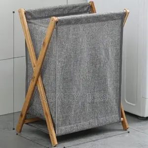 Foldable Laundry Basket Bag With Wooden Stand Storage Bin