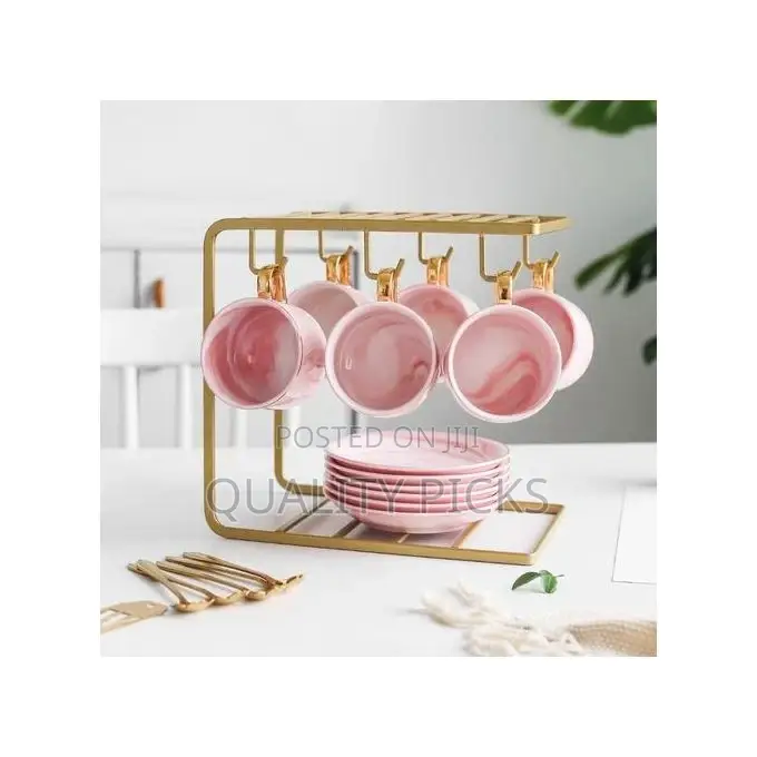 6 Tea Coffee Cups and Saucers Stand Rack Organizer Gift Set