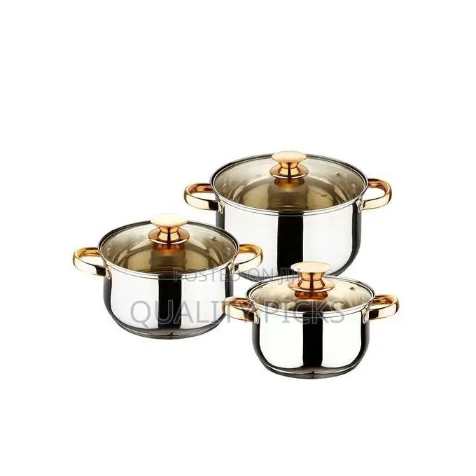 6 Pc Gold Handles Stainless Steel Saucepans Cookware Pots