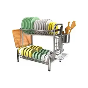 2 Tier Aluminum Plate Dish Drying Draining Organizer,