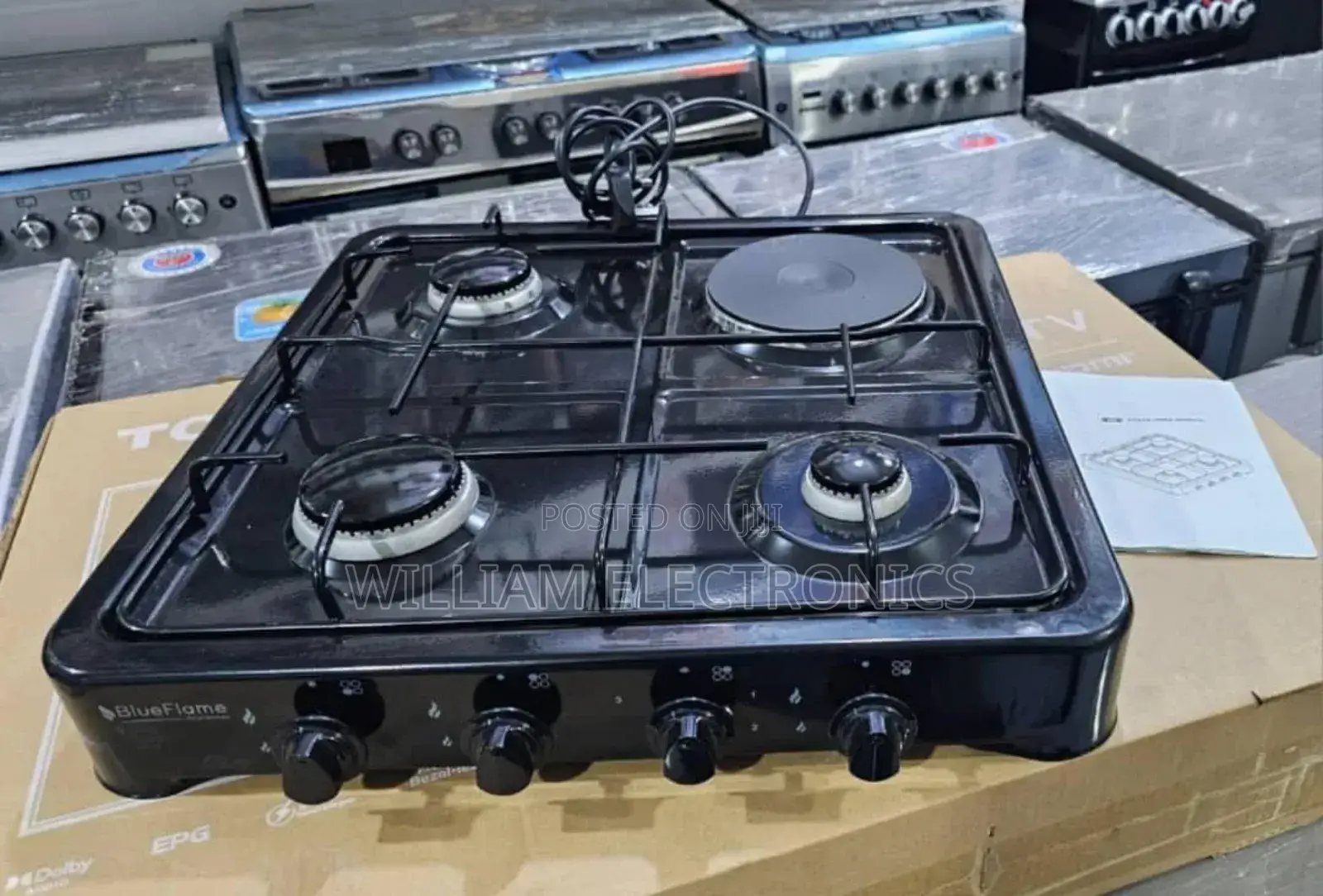 Blue Flame Cooker 3 Gas 1 Electric Plate-Black