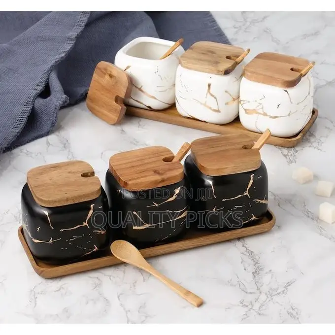Spice Jars Set Marble Seasoning Box 3pcs Condiment Pots