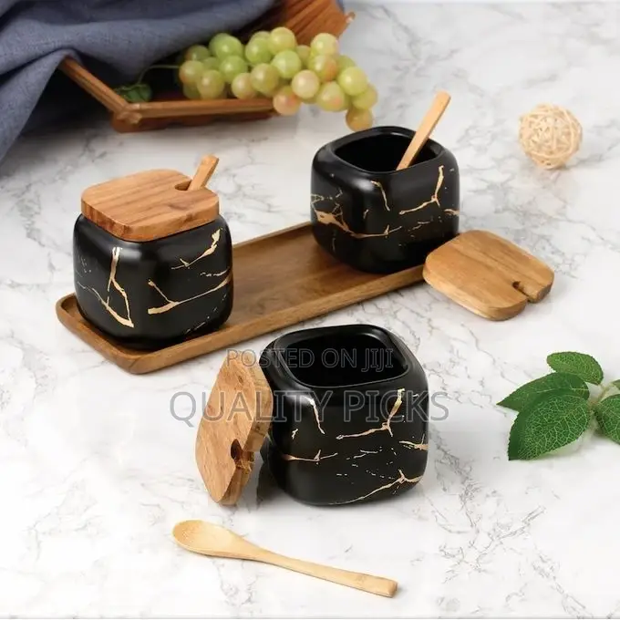 Spice Jars Set Marble Seasoning Box 3pcs Condiment Pots