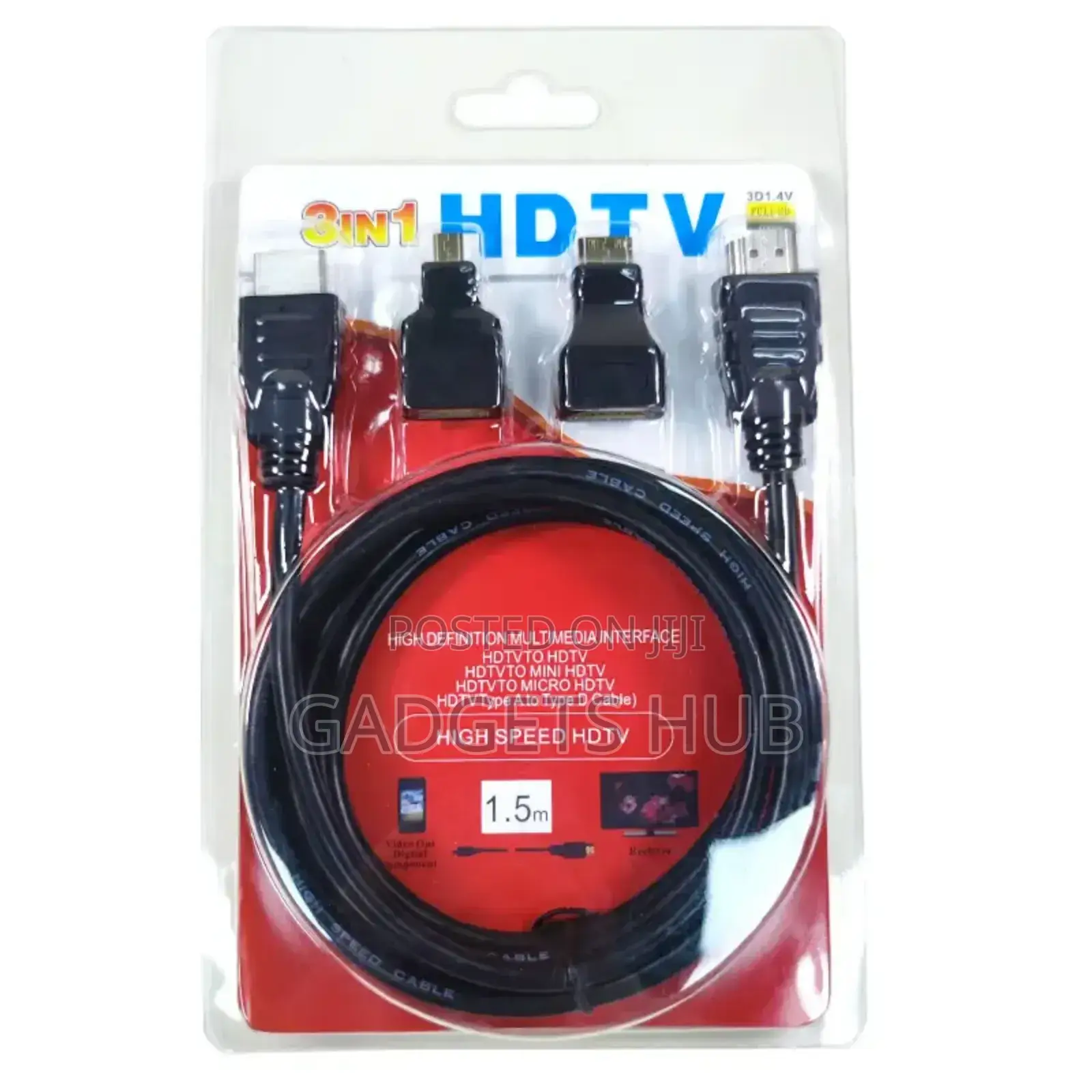 3 in 1 HDTV HDMI Cable 1.5m- Black (New)