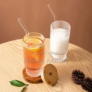Ribbed Drinking Glass Jars With Bamboo Lid and Straws