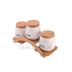 Tea Coffee Sugar 3 Canisters Set With Wooden Wavy Stand Tray
